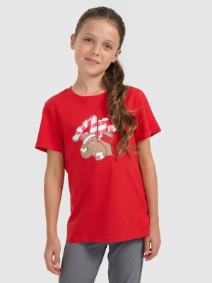 4F T-shirt regular z nadrukiem świątecznym dziewczęcy - czerwony
