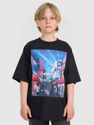 4F T-shirt oversize z nadrukiem chłopięcy - czarny