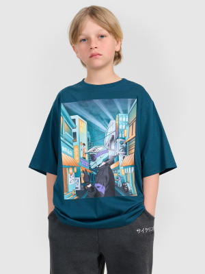 4F T-shirt oversize z nadrukiem chłopięcy - turkusowy