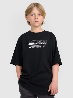 4F T-shirt oversize z nadrukiem chłopięcy - czarny