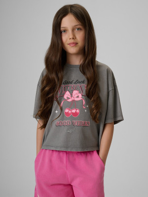 4F T-shirt boxy z nadrukiem dziewczęcy - szary