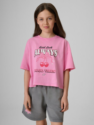 4F T-shirt boxy z nadrukiem dziewczęcy - różowy