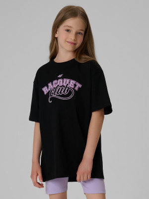4F T-shirt oversize z nadrukiem dziewczęcy - czarny
