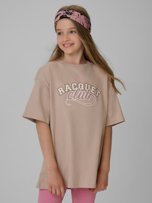 4F T-shirt oversize z nadrukiem dziewczęcy - beżowy