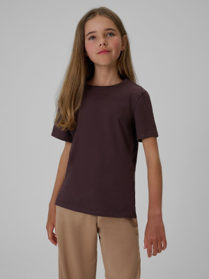4F T-shirt regular gładki dziewczęcy - brązowy