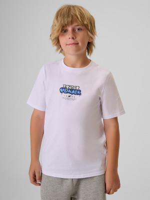 4F T-shirt regular z nadrukiem chłopięcy - biały