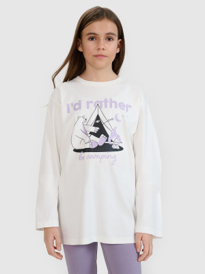 4F Longsleeve oversize z nadrukiem dziewczęcy - biały