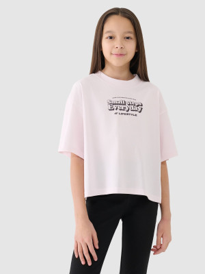 4F Crop top oversize z nadrukiem dziewczęcy - beżowy