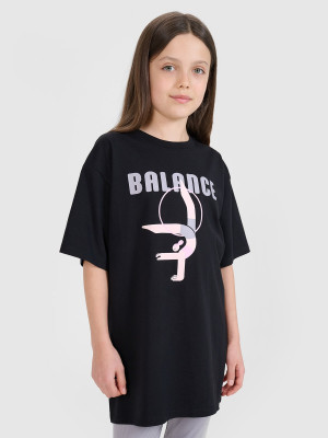 4F T-shirt oversize z nadrukiem dziewczęcy - czarny