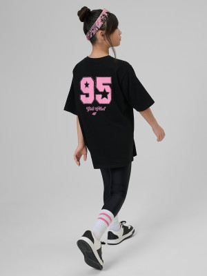 4F T-shirt loose z nadrukiem dziewczęcy - czarny