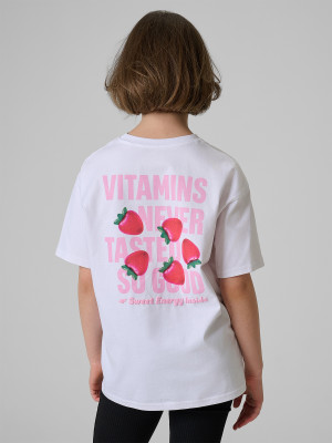 4F T-shirt loose z nadrukiem dziewczęcy - biały