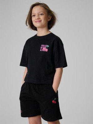 4F T-shirt loose z nadrukiem dziewczęcy - czarny