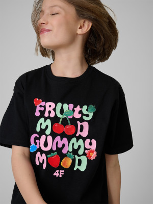 4F T-shirt loose z nadrukiem dziewczęcy - czarny