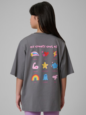 4F T-shirt loose z nadrukiem dziewczęcy - szary