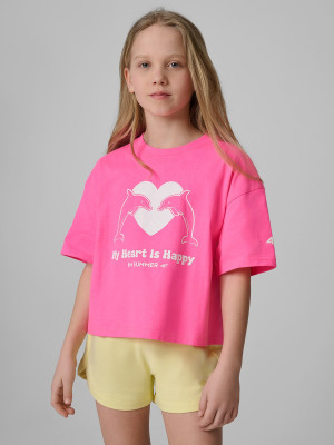 4F T-shirt loose z nadrukiem dziewczęcy - różowy