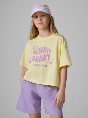 4F T-shirt loose z nadrukiem dziewczęcy - żółty
