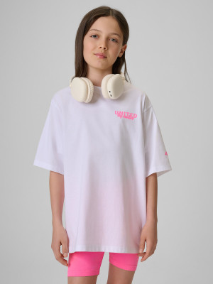 4F T-shirt loose z nadrukiem dziewczęcy - biały
