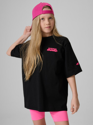 4F T-shirt loose z nadrukiem dziewczęcy - czarny