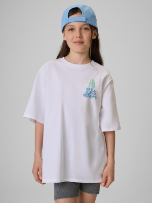4F T-shirt loose z nadrukiem dziewczęcy - biały