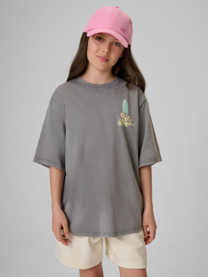 4F T-shirt loose z nadrukiem dziewczęcy - szary