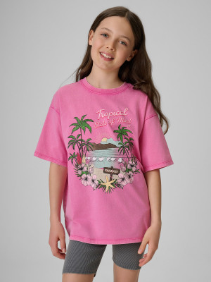4F T-shirt loose z nadrukiem dziewczęcy - różowy