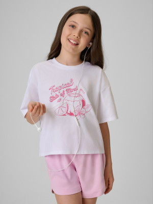4F T-shirt loose crop top z nadrukiem dziewczęcy - biały