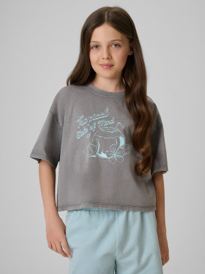 4F T-shirt loose crop top z nadrukiem dziewczęcy - szary