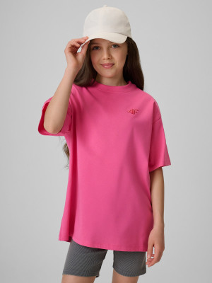 4F T-shirt loose gładki dziewczęcy - różowy
