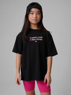 4F T-shirt loose z nadrukiem dziewczęcy - czarny