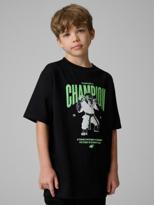4F T-shirt loose z nadrukiem chłopięcy - czarny