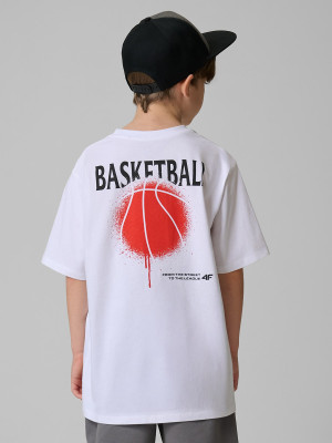 4F T-shirt loose z nadrukiem chłopięcy - biały