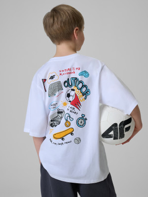 4F T-shirt loose z nadrukiem chłopięcy - biały
