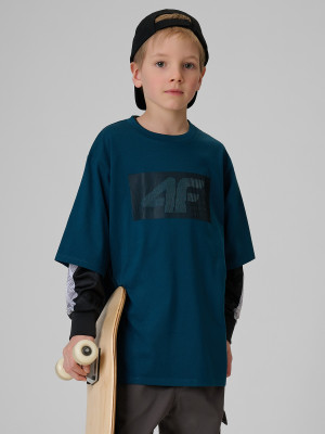 4F T-shirt loose z nadrukiem chłopięcy - turkusowy