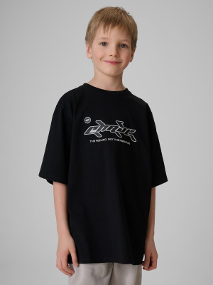 4F T-shirt loose z nadrukiem chłopięcy - czarny