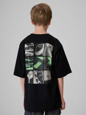 4F T-shirt loose z nadrukiem chłopięcy - czarny