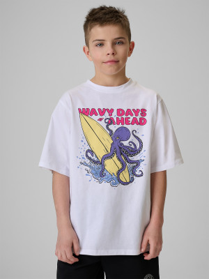 4F T-shirt loose z nadrukiem chłopięcy - biały