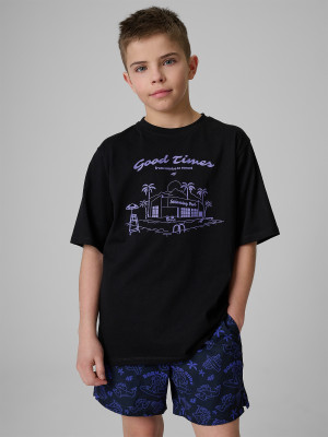 4F T-shirt loose z nadrukiem chłopięcy - czarny