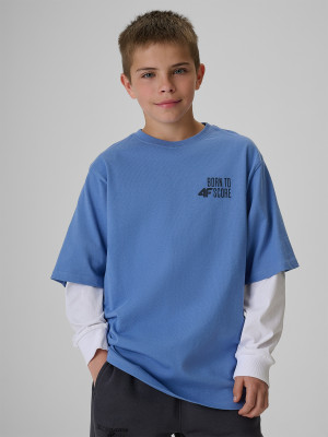 4F T-shirt loose z nadrukiem chłopięcy - denim
