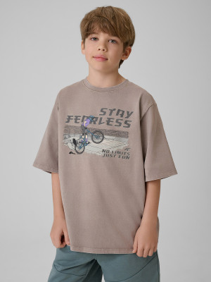 4F T-shirt loose z nadrukiem chłopięcy - szary