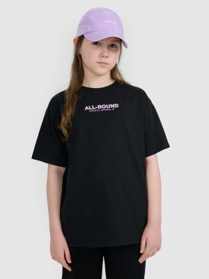 4F T-shirt oversize z nadrukiem dziewczęcy - czarny