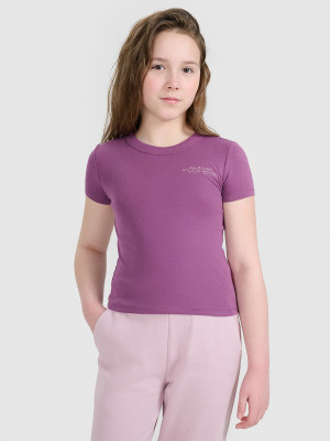 4F Crop top slim z nadrukiem dziewczęcy - fioletowy