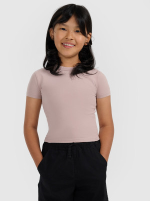 4F Crop top slim gładki dziewczęcy - brązowy