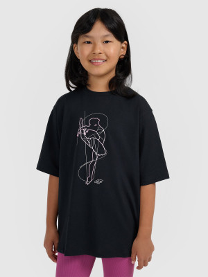 4F T-shirt oversize z nadrukiem dziewczęcy - czarny
