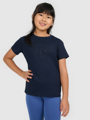4F T-shirt oversize z nadrukiem dziewczęcy - granatowy