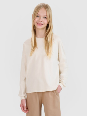 4F Longsleeve oversize gładki dziewczęcy - beżowy