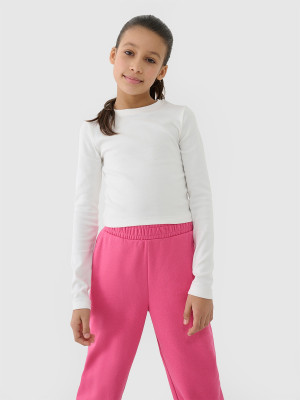 4F Longsleeve slim crop top gładki dziewczęcy - biały