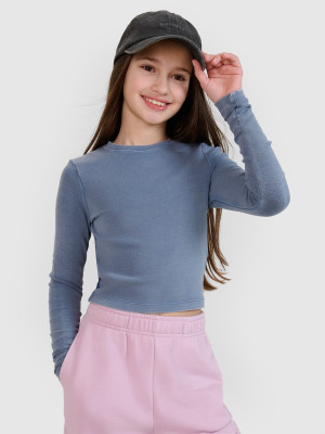 4F Longsleeve slim crop top gładki dziewczęcy - granatowy