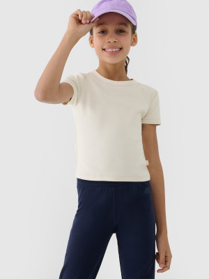 4F T-shirt slim crop top gładki dziewczęcy - beżowy