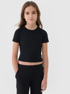 4F T-shirt slim crop top gładki dziewczęcy - czarny