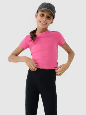 4F T-shirt slim crop top gładki dziewczęcy - różowy